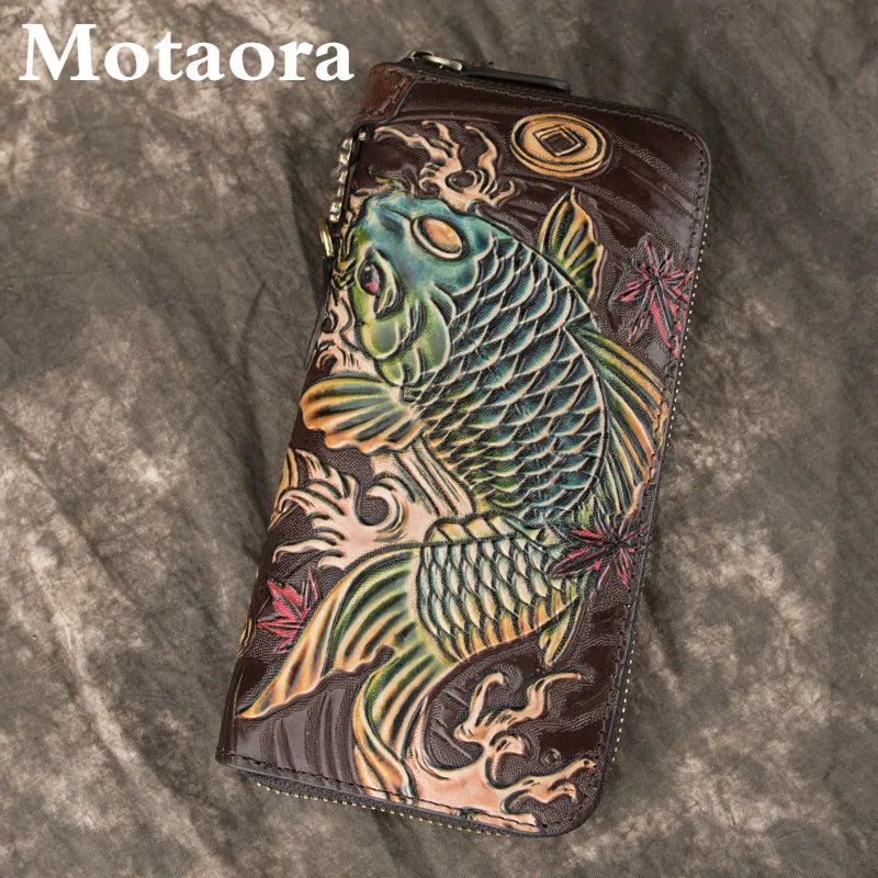 Motaora Luxury Handmade Fish Embossed Genuine Leather Wallet