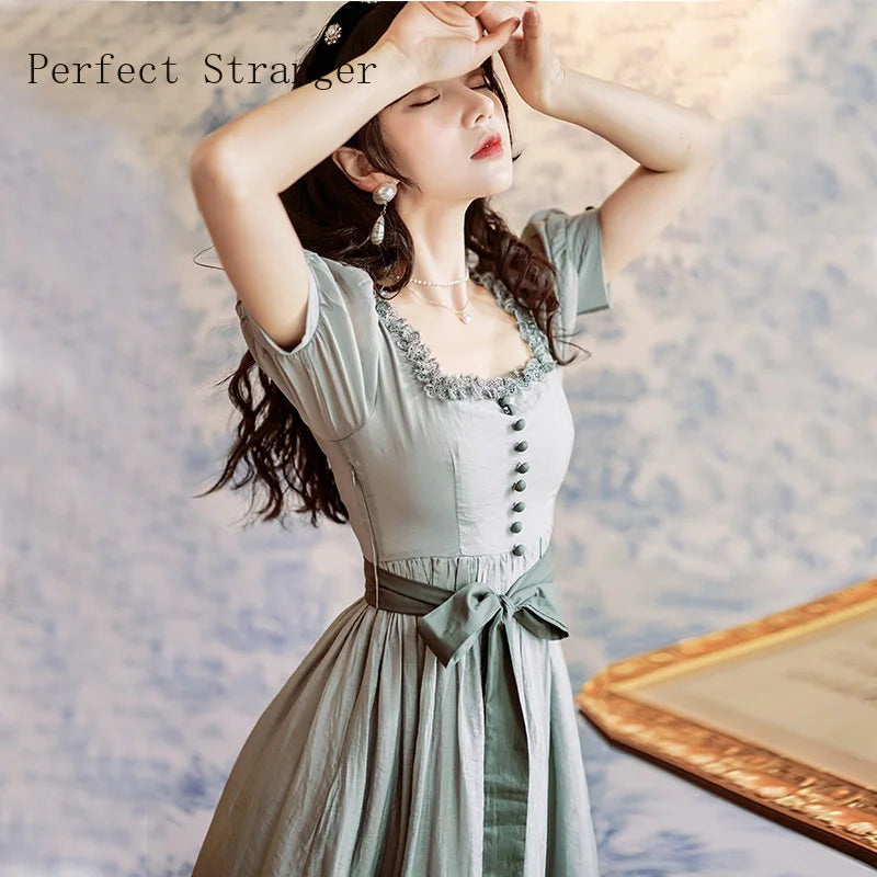 Ella: Vintage French Style Square Collar Short Sleeve Cotton Linen Dress