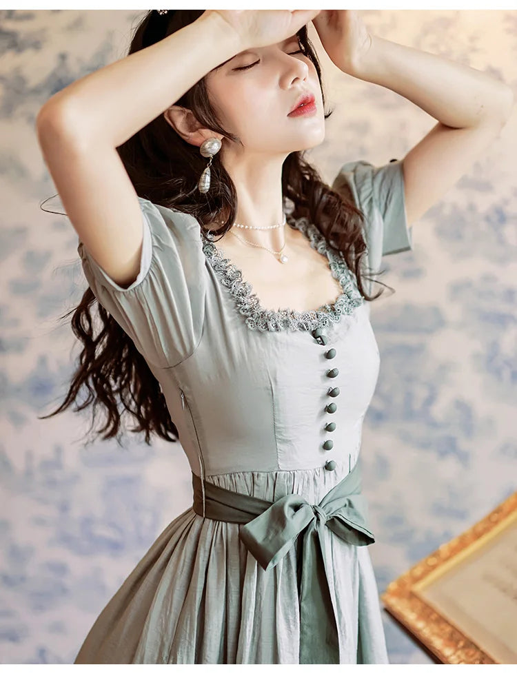 Ella: Vintage French Style Square Collar Short Sleeve Cotton Linen Dress