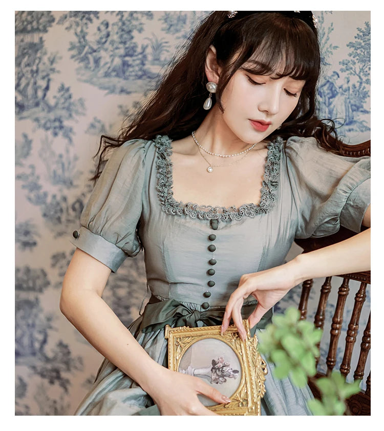 Ella: Vintage French Style Square Collar Short Sleeve Cotton Linen Dress