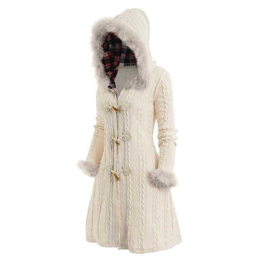 Cable Knit Plaid Lined Faux Fur Hooded Coat with Button Closure