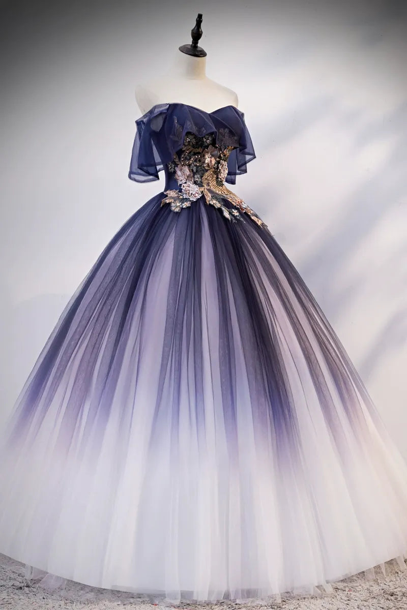 Navy Blue/Dark Purple Ombre Rococo Ball Gown with Delicate Gold Appliques