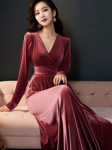 Long Sleeve Red Velvet Elegant Vintage Style Party Dress