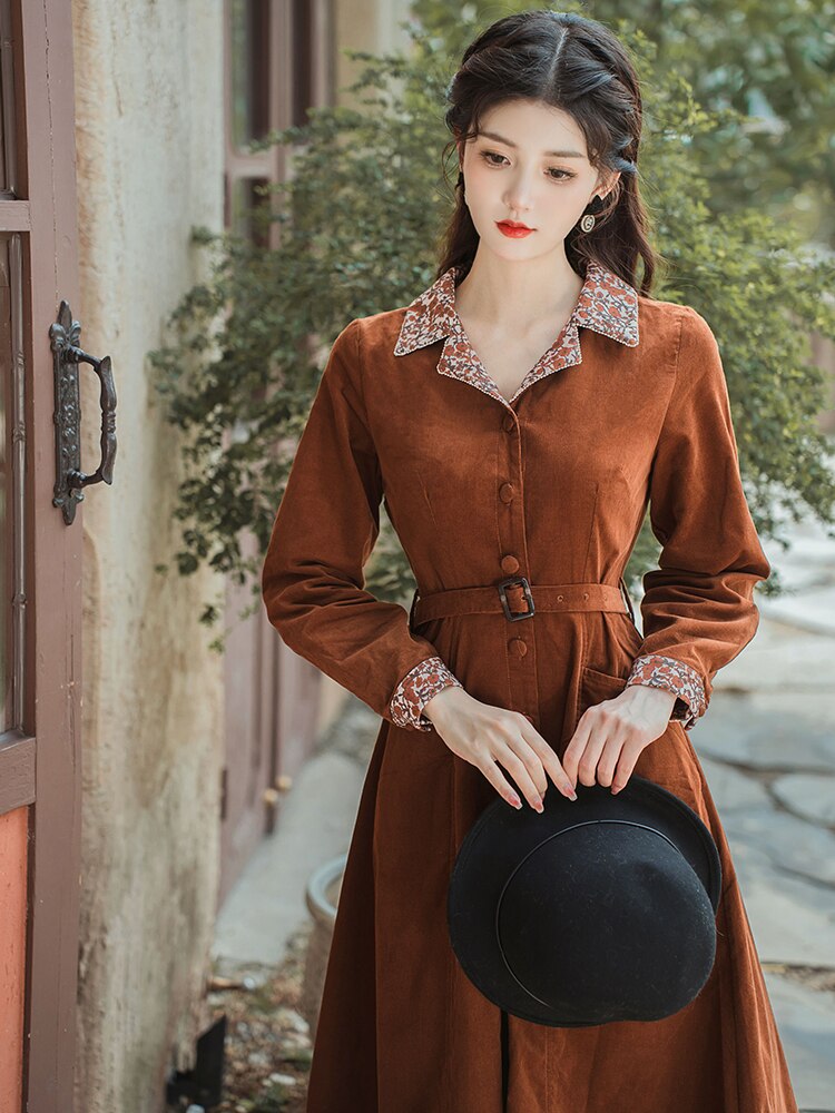 Della - Retro Turn Down Collar Overcoat Dress With Belt