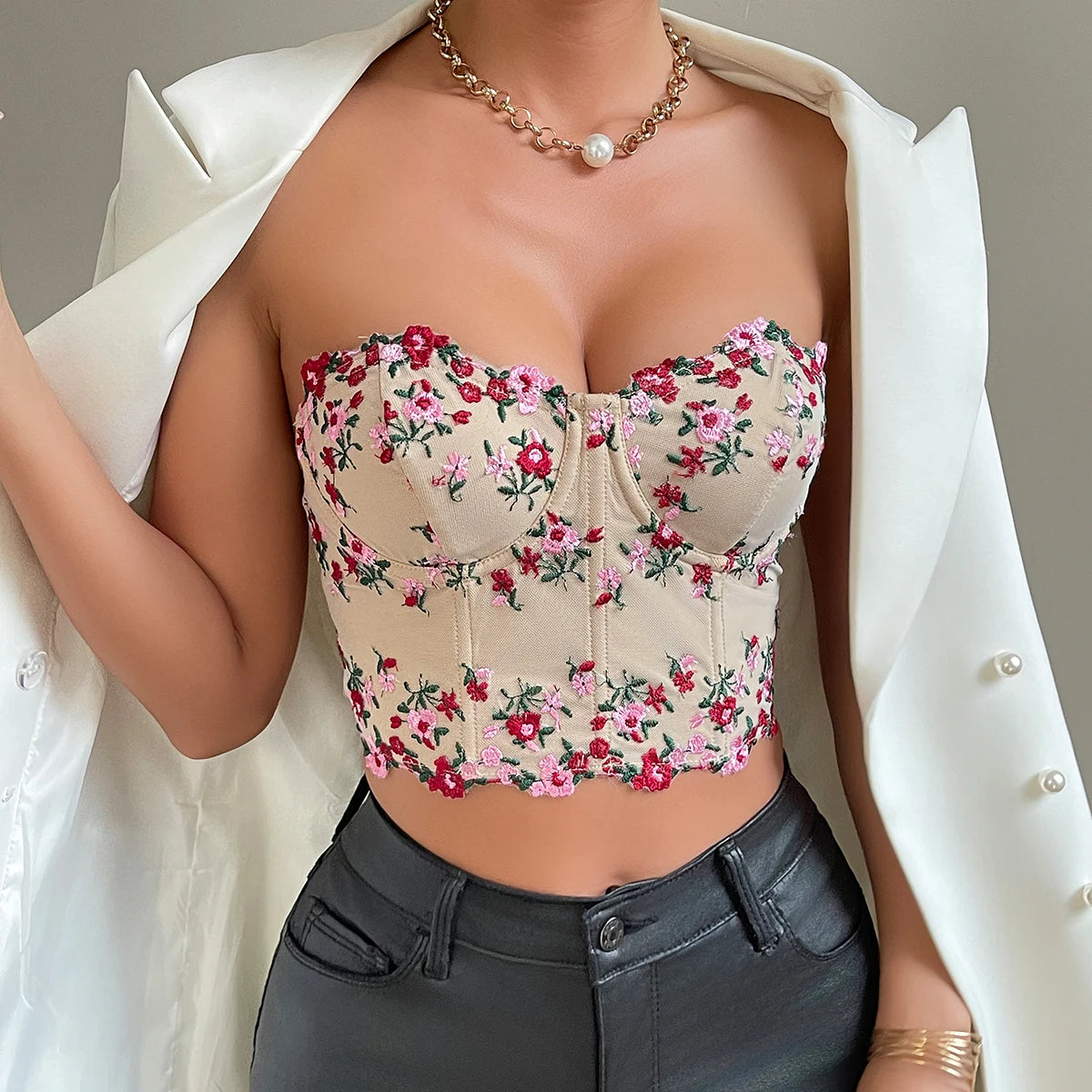 Selena: Sleeveless Embroidered Floral Corset Top