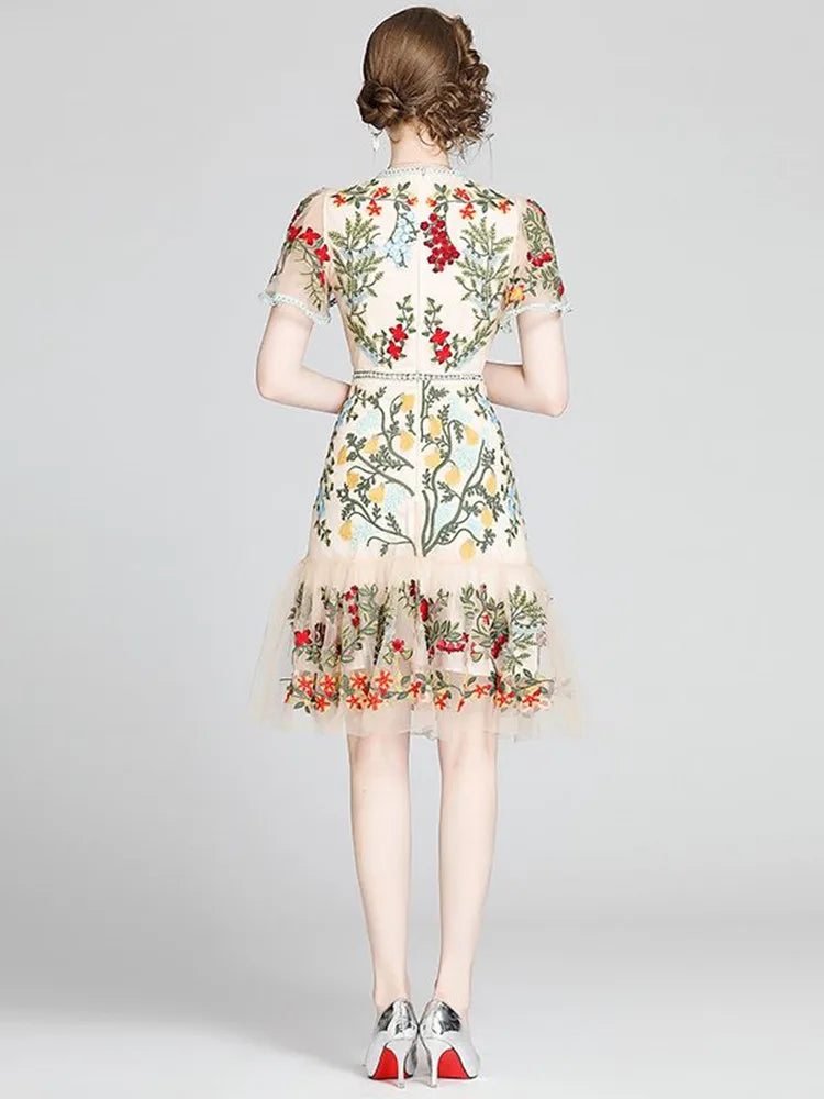 LINDA DELLA Embroidered Hollowed-out Slim Ruffled Butterfly Sleeve Party Dress