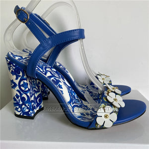 Athena - Porcelain Print Chunky Heel Ankle Strap High Heels (Multiple colors)
