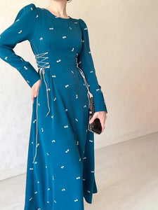 Valerie: Floral Print Sleeve Lace Up Long-sleeve Dress