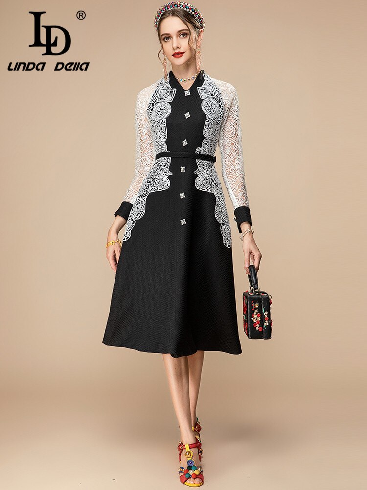 LINDA DELLA Spring V-Neck Embroidered Midi Dress