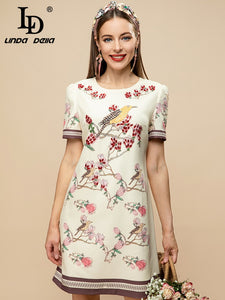 LINDA DELLA Vintage Bird & Branch Print Beaded Mini Dress