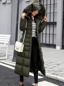 Women's Korean Style Belted Slim Fit Padded Parka with Faux Fur Hood