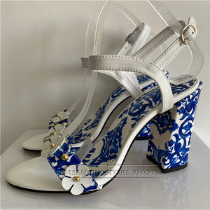 Athena - Porcelain Print Chunky Heel Ankle Strap High Heels (Multiple colors)