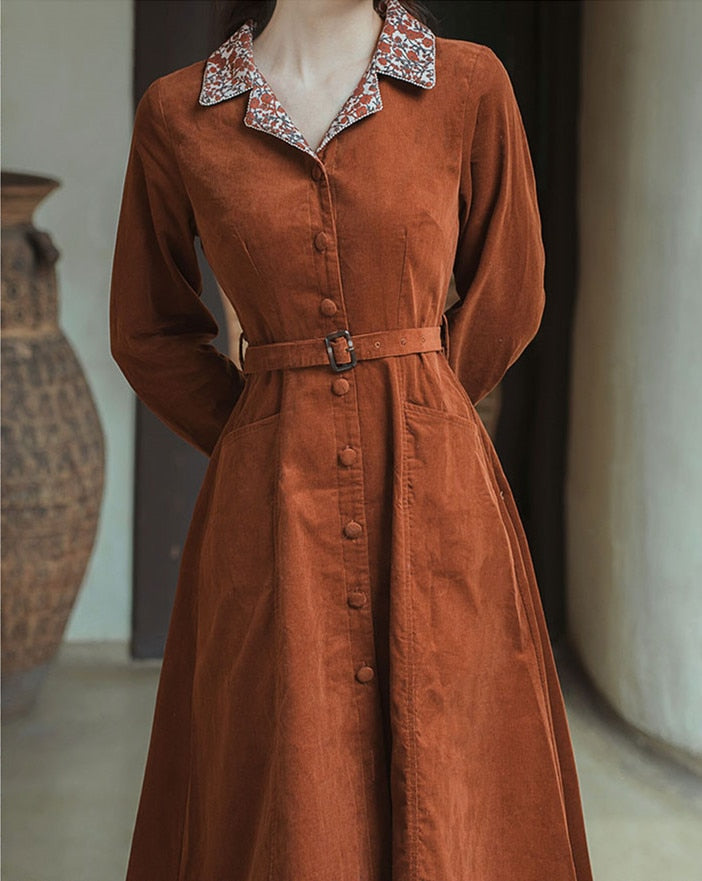 Della - Retro Turn Down Collar Overcoat Dress With Belt