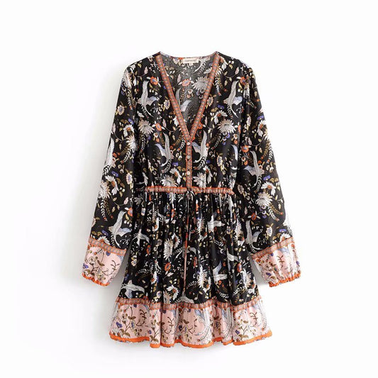 Boho Queen: Crane Flower Print Dress