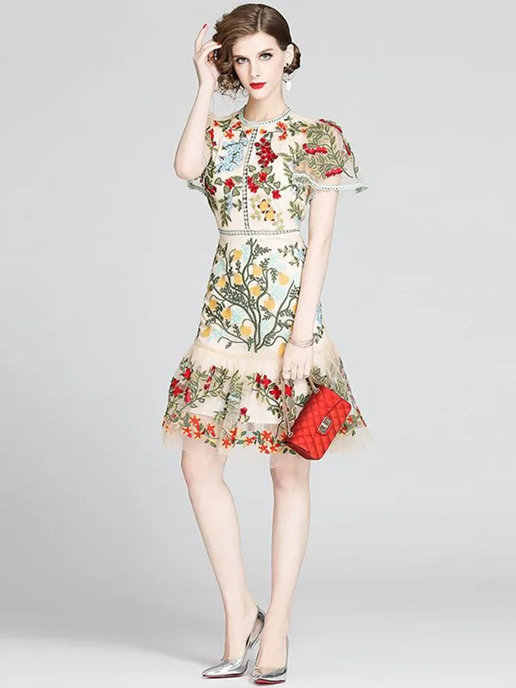 LINDA DELLA Embroidered Hollowed-out Slim Ruffled Butterfly Sleeve Party Dress