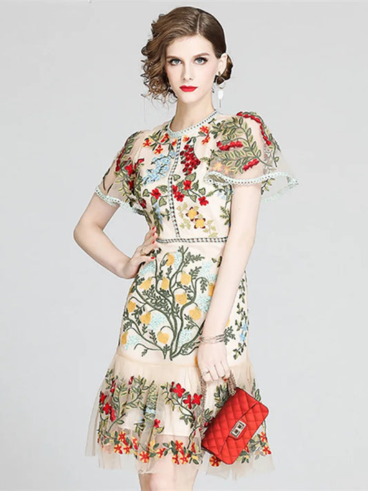 LINDA DELLA Embroidered Hollowed-out Slim Ruffled Butterfly Sleeve Party Dress