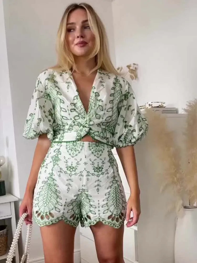 Embroidered Blouse & Shorts Suit