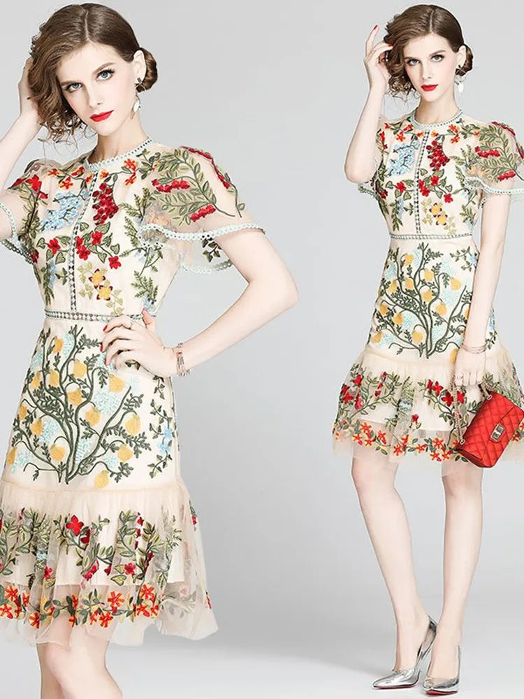 LINDA DELLA Embroidered Hollowed-out Slim Ruffled Butterfly Sleeve Party Dress