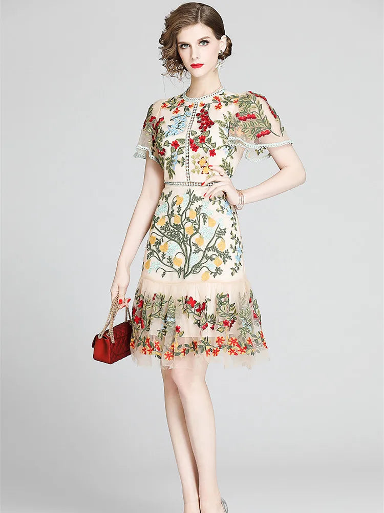 LINDA DELLA Embroidered Hollowed-out Slim Ruffled Butterfly Sleeve Party Dress