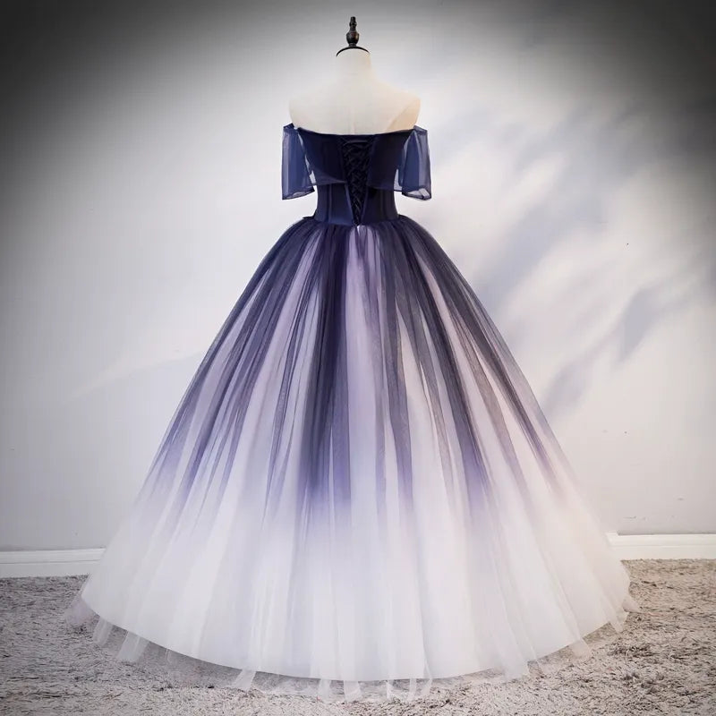 Navy Blue/Dark Purple Ombre Rococo Ball Gown with Delicate Gold Appliques