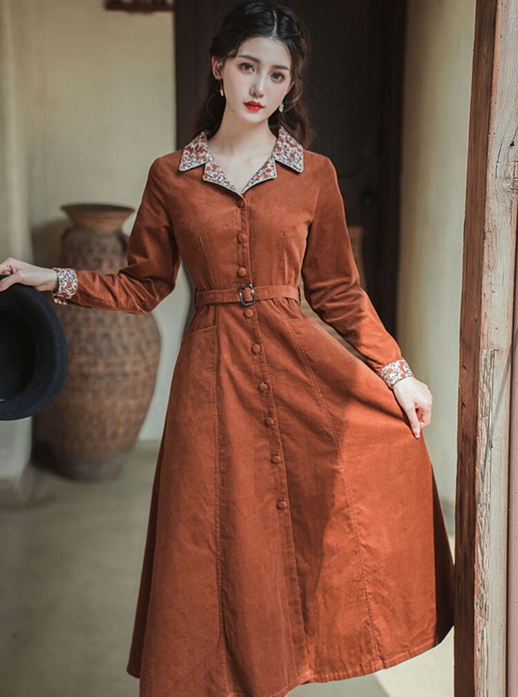 Della - Retro Turn Down Collar Overcoat Dress With Belt