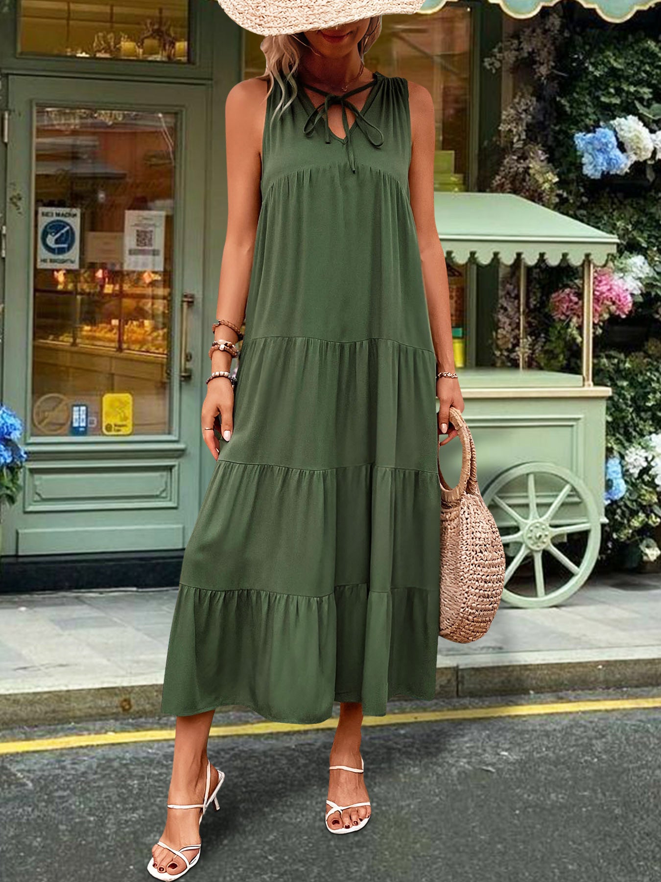 Tiered Tie Neck  Midi Dress