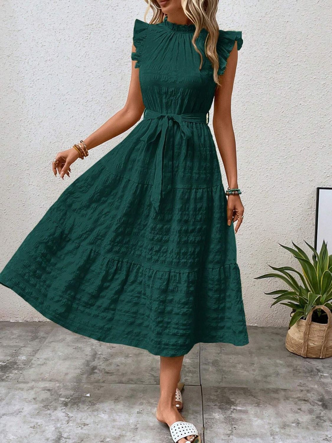 Tied Ruffled Cap Sleeve Midi Dress