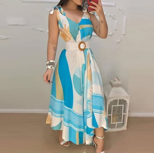 Tropical Print V Neck Maxi Dress with Belt