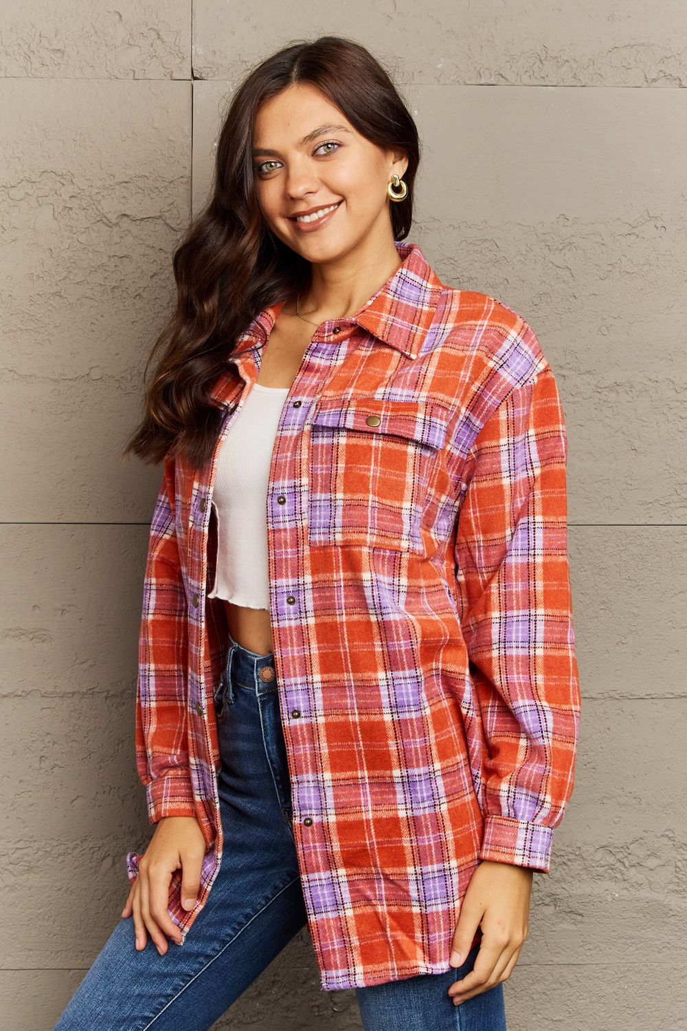 Women's Plus Size Orange Plaid Long Sleeve Shirt