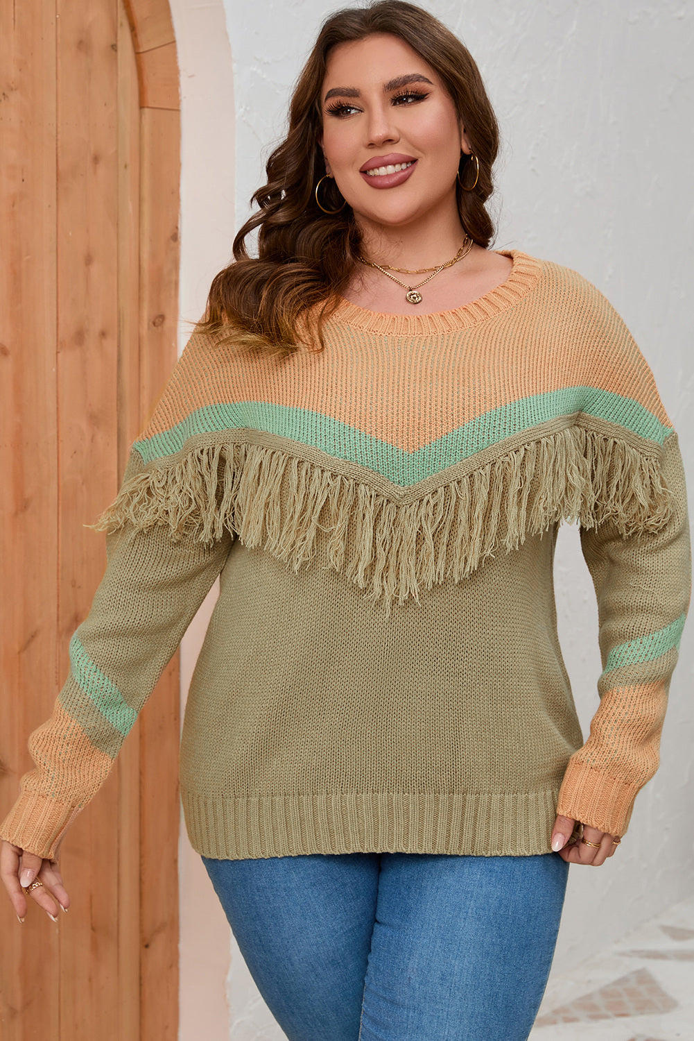 Plus Size Fringe Detail Round Neck Long Sleeve Sweater