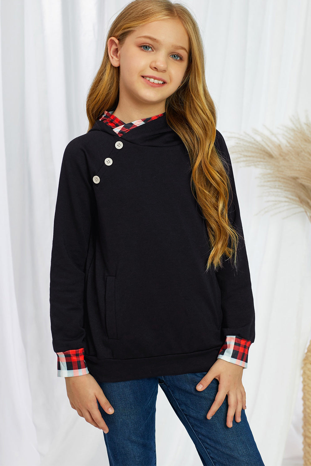 Girls Plaid Decorative Button Hoodie with Pockets