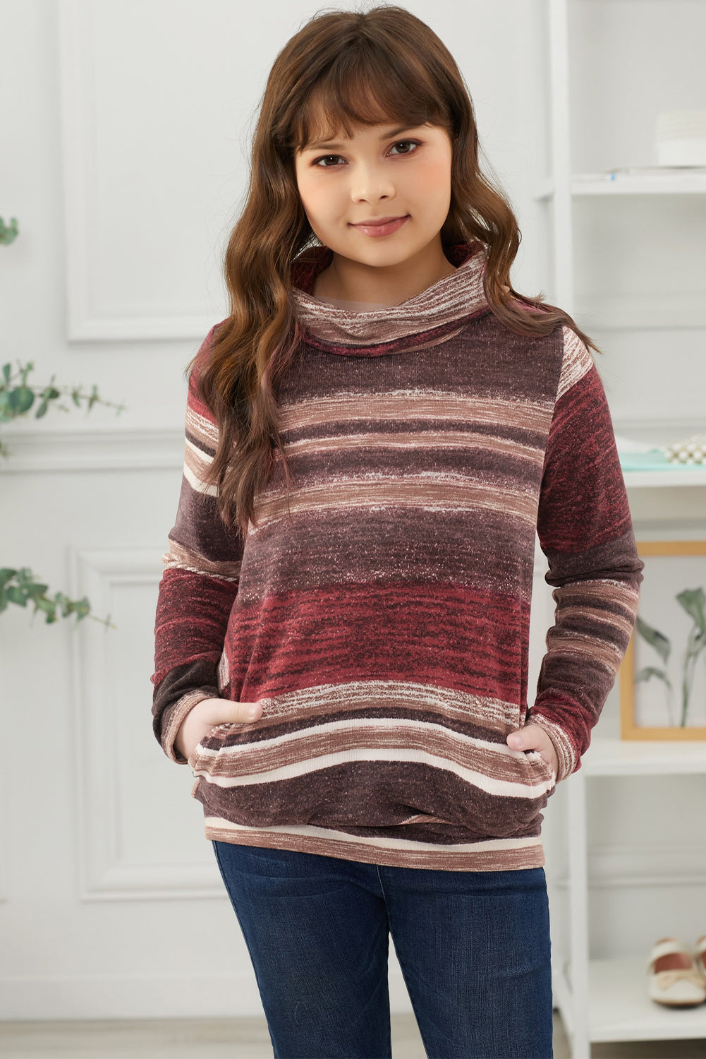 Girls Striped Cowl Neck Top with Pockets