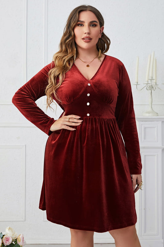 Melo Apparel Plus Size V-Neck Decorative Button Knee Length Dress