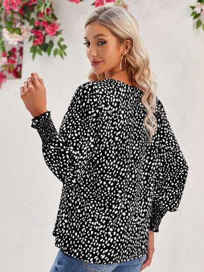 Printed V-Neck Lantern Sleeve Blouse