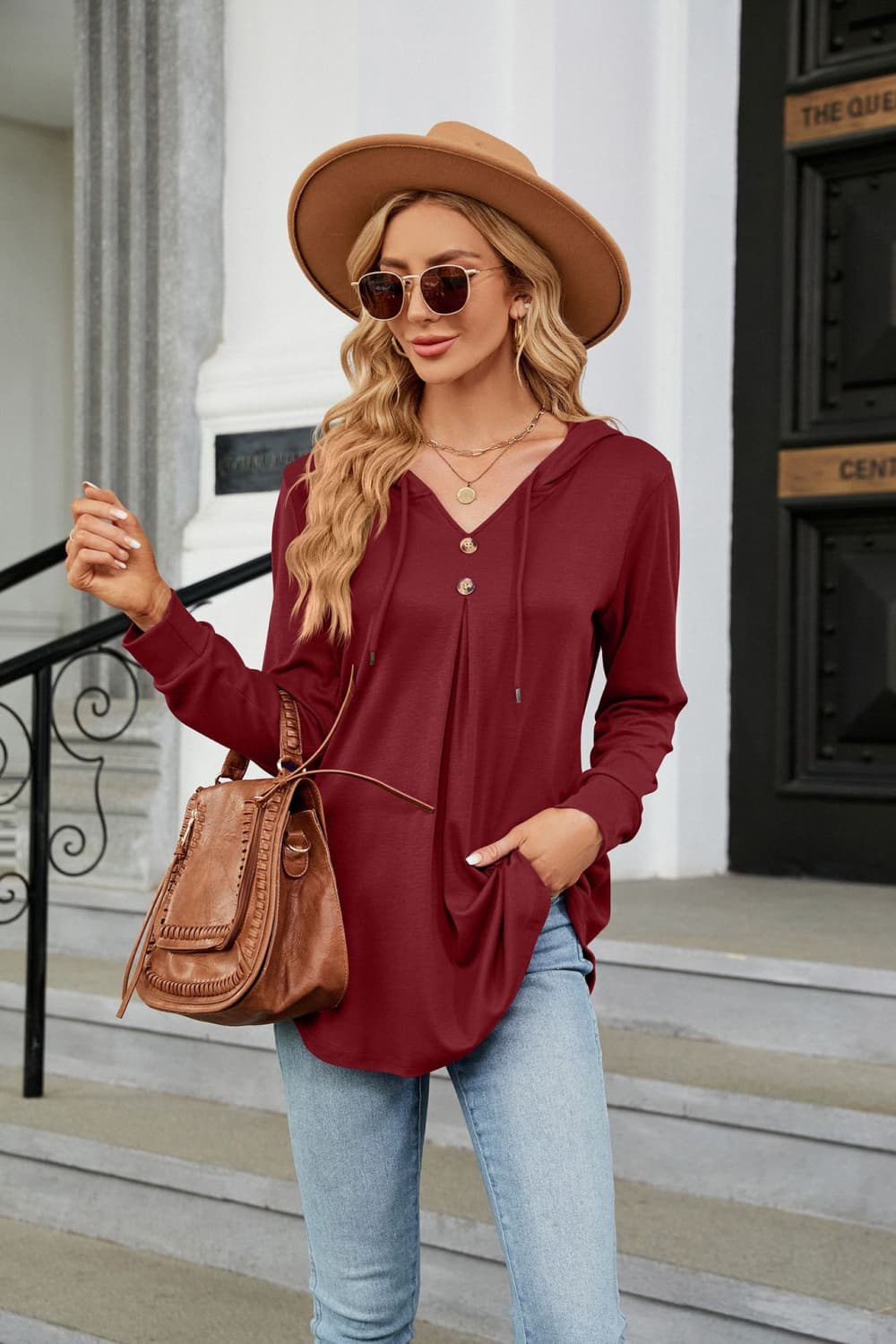 Long Sleeve Hooded Blouse