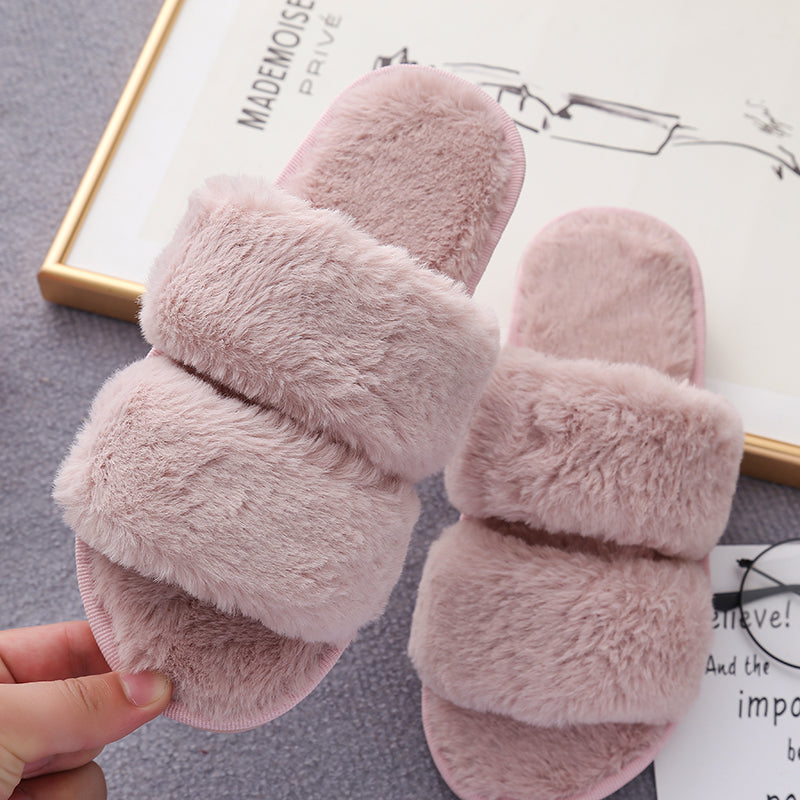 Faux Fur Double Strap Slippers