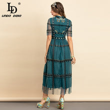 LINDA DELLA Vintage Style Half Sleeve Overlay Mesh Embroidered Dress