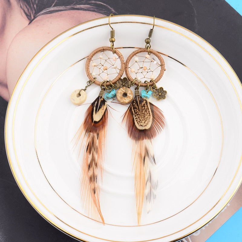 Handmade Bohemian Dream Catcher Feather Earrings