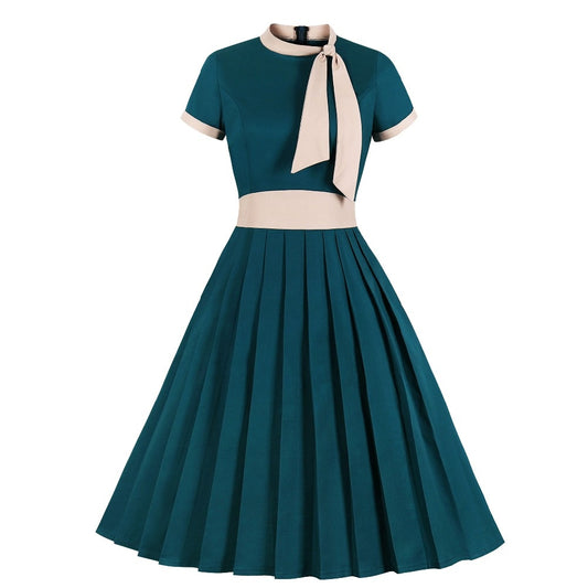 Vintage Style Short Sleeve Bow Neck Dress (multiple colors)