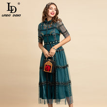LINDA DELLA Vintage Style Half Sleeve Overlay Mesh Embroidered Dress