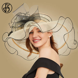 FS Big Flower Sun Hats For Women Beach Beige Organza Tea Party Hat Elegant Ladies Church Kentucky Derby Wide Brim Fedoras