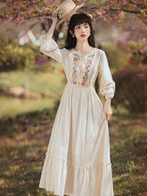 Vintage Round Collar Flower Embroidered Three-quarter Sleeve Long Cotton Dress