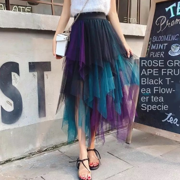 Contrasting Color High Waist Irregular Length Tulle Maxi Skirt (Multiple color combos)