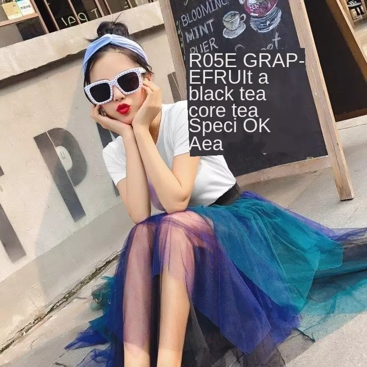 Contrasting Color High Waist Irregular Length Tulle Maxi Skirt (Multiple color combos)