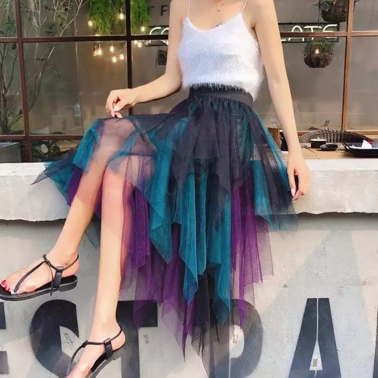 Contrasting Color High Waist Irregular Length Tulle Maxi Skirt (Multiple color combos)