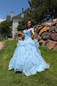 Sky Blue Off Shoulder Quinceanera Dress with Sequins & Appliques (Custom Fabrics & Colors)