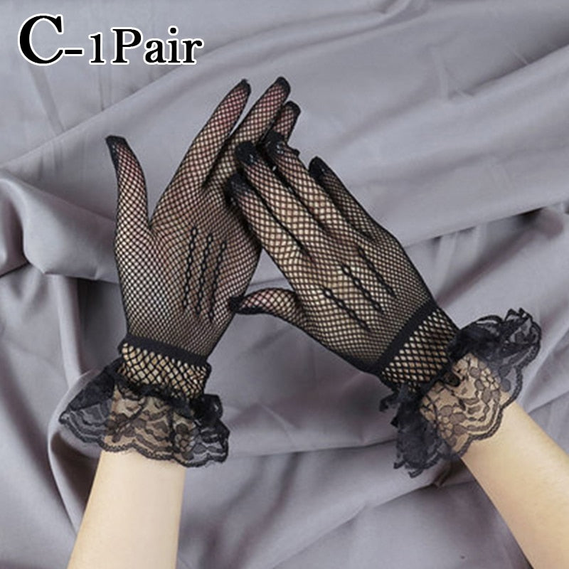 Elegant Fishnet Gloves with Lace & Bowknot Wrist Embellishments