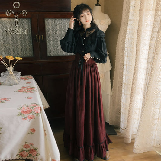 Elegant Vintage Look: Black Full-Sleeved Blouse and Striped Skirt (Set or Separates)