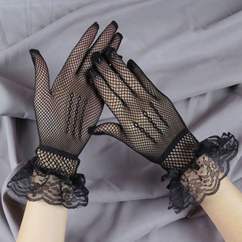 Elegant Fishnet Gloves with Lace & Bowknot Wrist Embellishments
