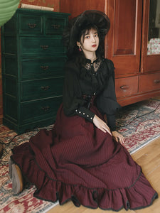 Elegant Vintage Look: Black Full-Sleeved Blouse and Striped Skirt (Set or Separates)